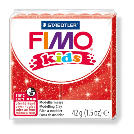 STAEDTLER FIMO kids blok 42 gr GLITTER ROOD, verdeeld in 8 porties, hersluitbaar