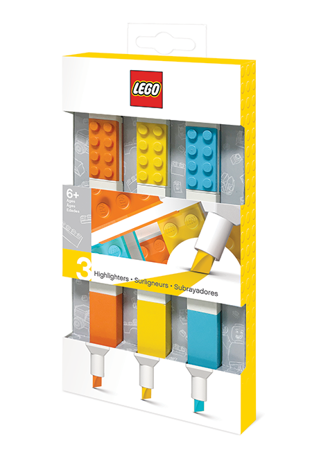 LEGO 3 fluo-stiften in oranje, geel & blauw met telkens 2x4 blokjes