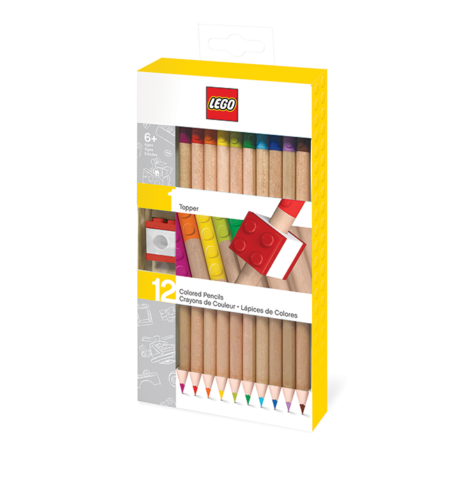 LEGO Kleurpotloden in 12 kleuren met 1x4 blokjes en Topper 2x2 blokjes