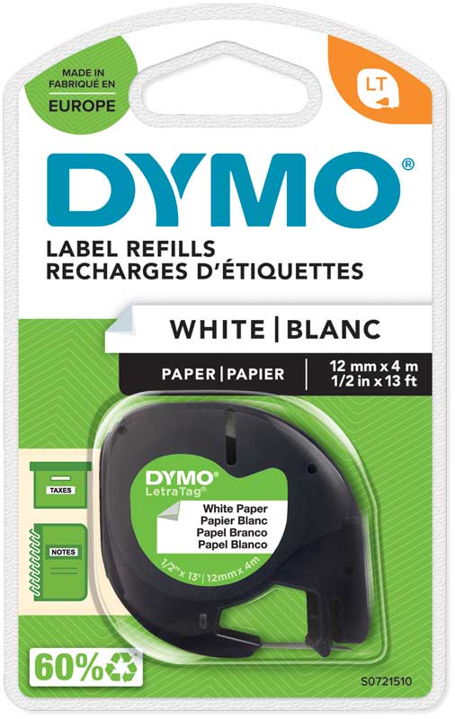 Dymo LetraTag tape 12mmx4m zwart op wit papier