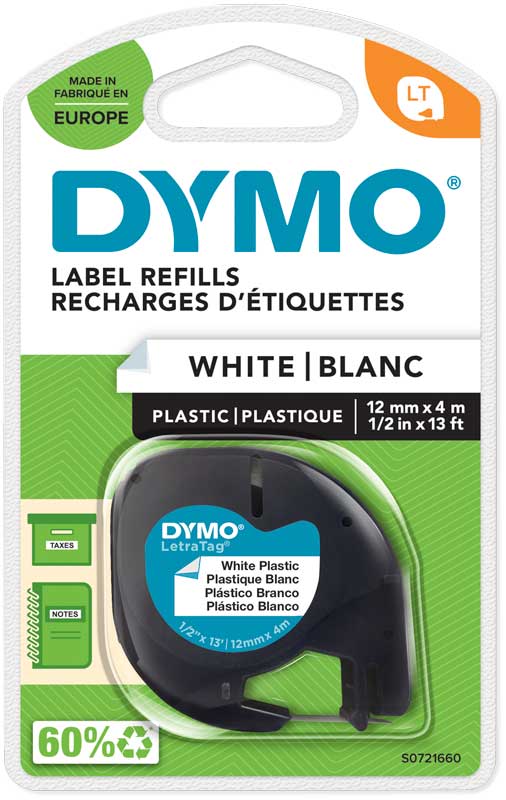 Dymo LetraTag tape 12mmx4m zwart op wit plastiek